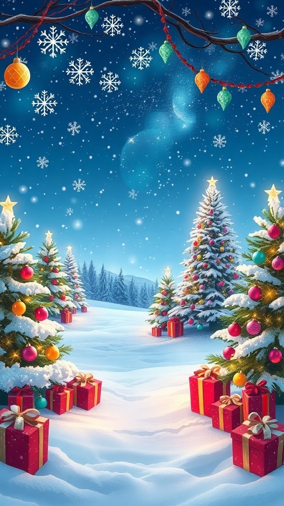 A horizontal Christmas background with snowflakes, Christmas trees, and ornaments, perfect for festive designs.